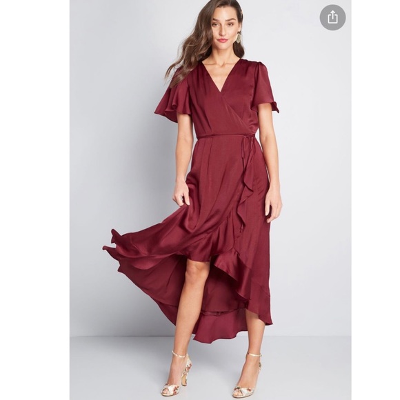 ModCloth Wine/Maroon Wrap Dress Size XXS 00/0 Gorgeous Ruffled Hem - Picture 10 of 13